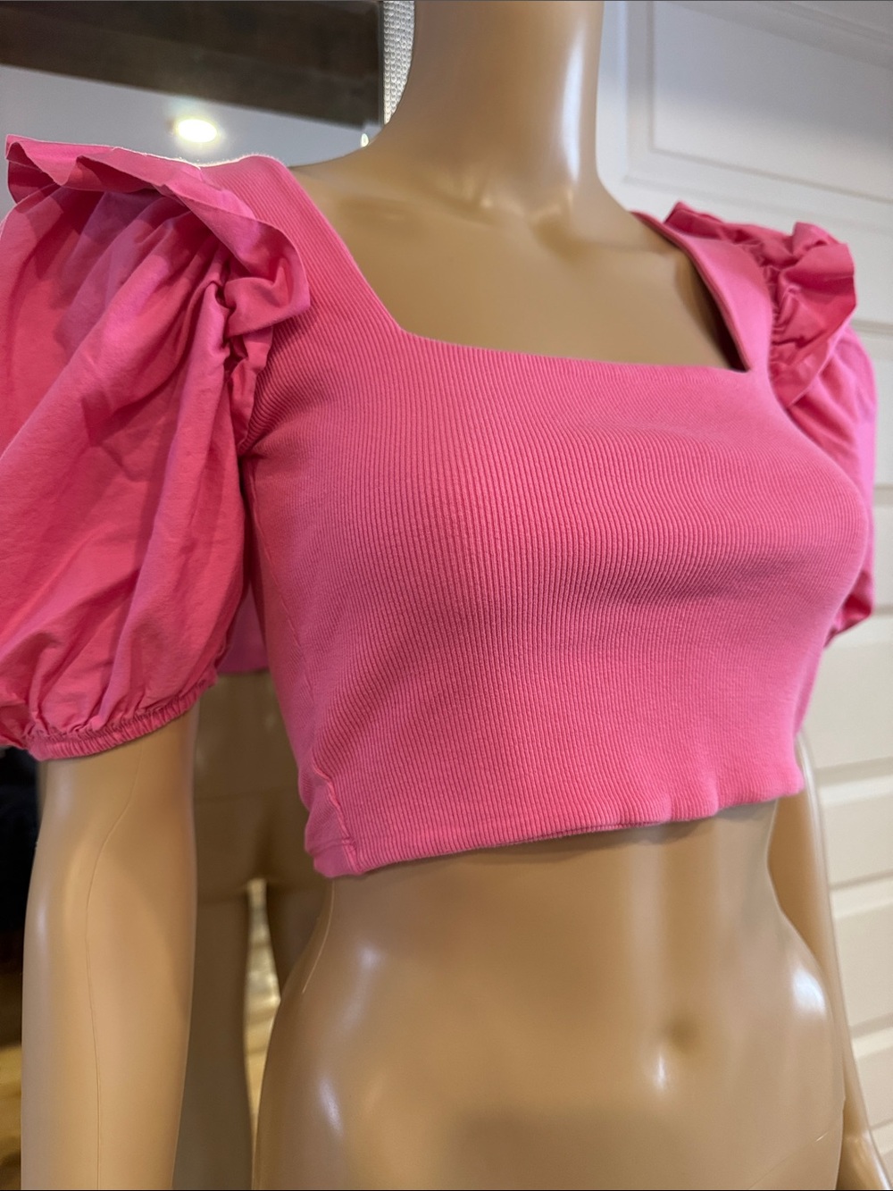 Zara Hot Pink Puff-Sleeve Square Neck Crop Top